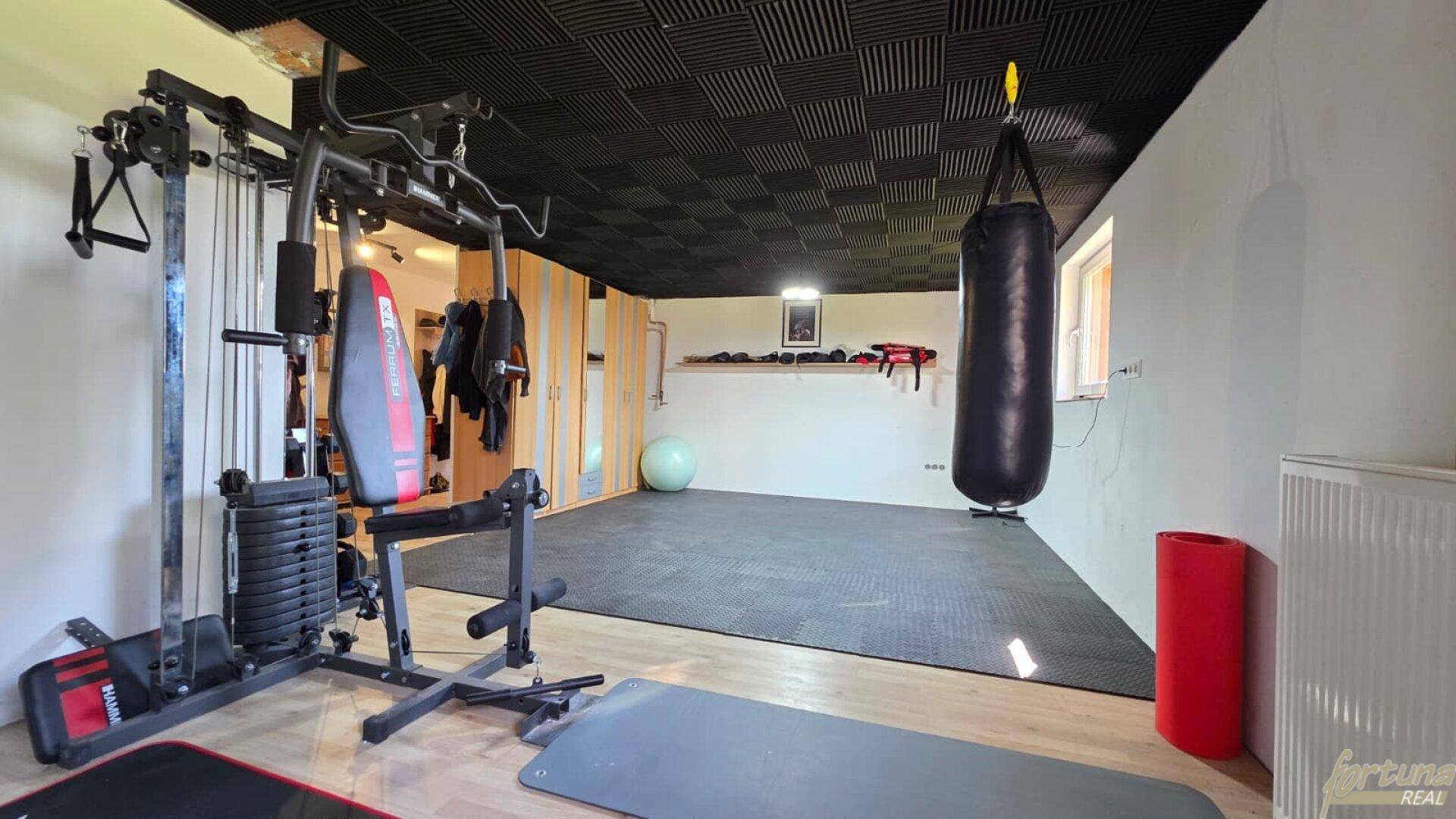 Geräumiger Fitnessraum mit Trainingsgeräten, Boxsack und schallabsorbierender Decke.