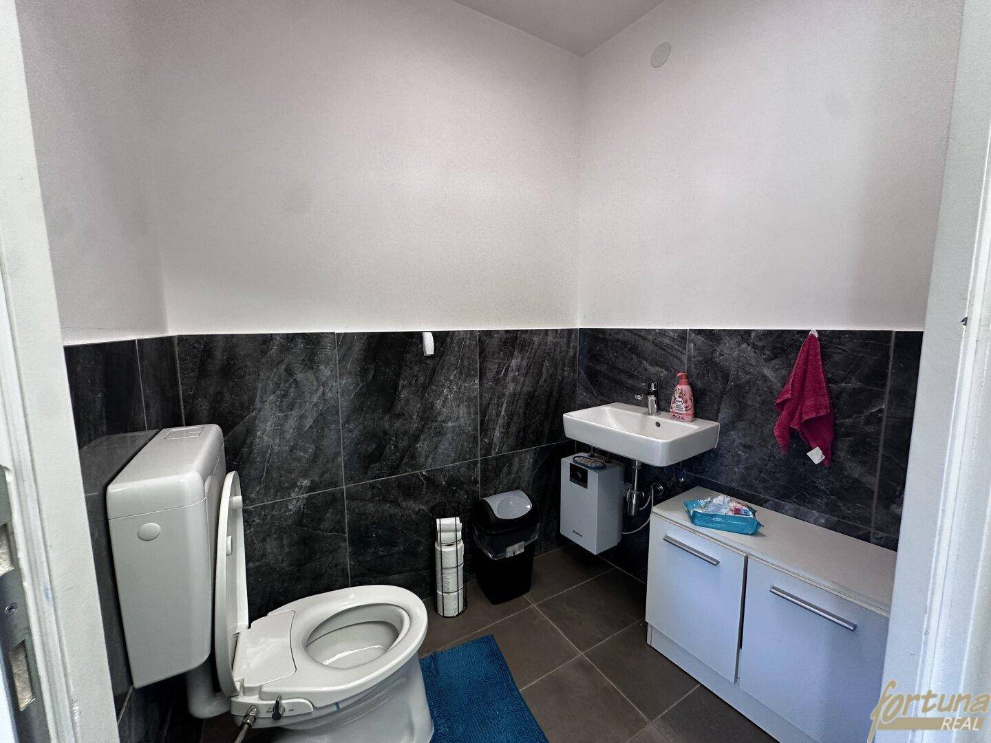Modernes Gäste-WC mit dunklen Fliesen, Toilette und einem kleinen Waschbecken mit Unterschrank.