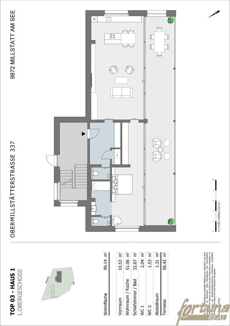 Grundriss des Obergeschosses mit offenem Wohn-/Küchenbereich, Schlafzimmer und großer Terrasse.