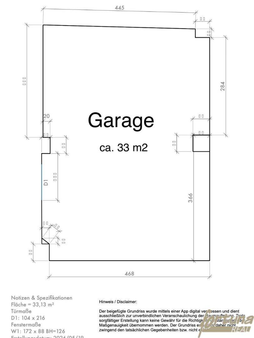 Grundriss einer geräumigen Garage mit ca. 33 Quadratmetern Fläche und detaillierten Abmessungen.