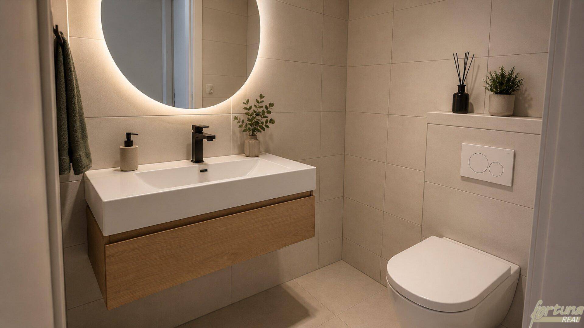 Modernes Badezimmer mit schwebendem Waschtisch, beleuchtetem Spiegel und wandhängendem WC.