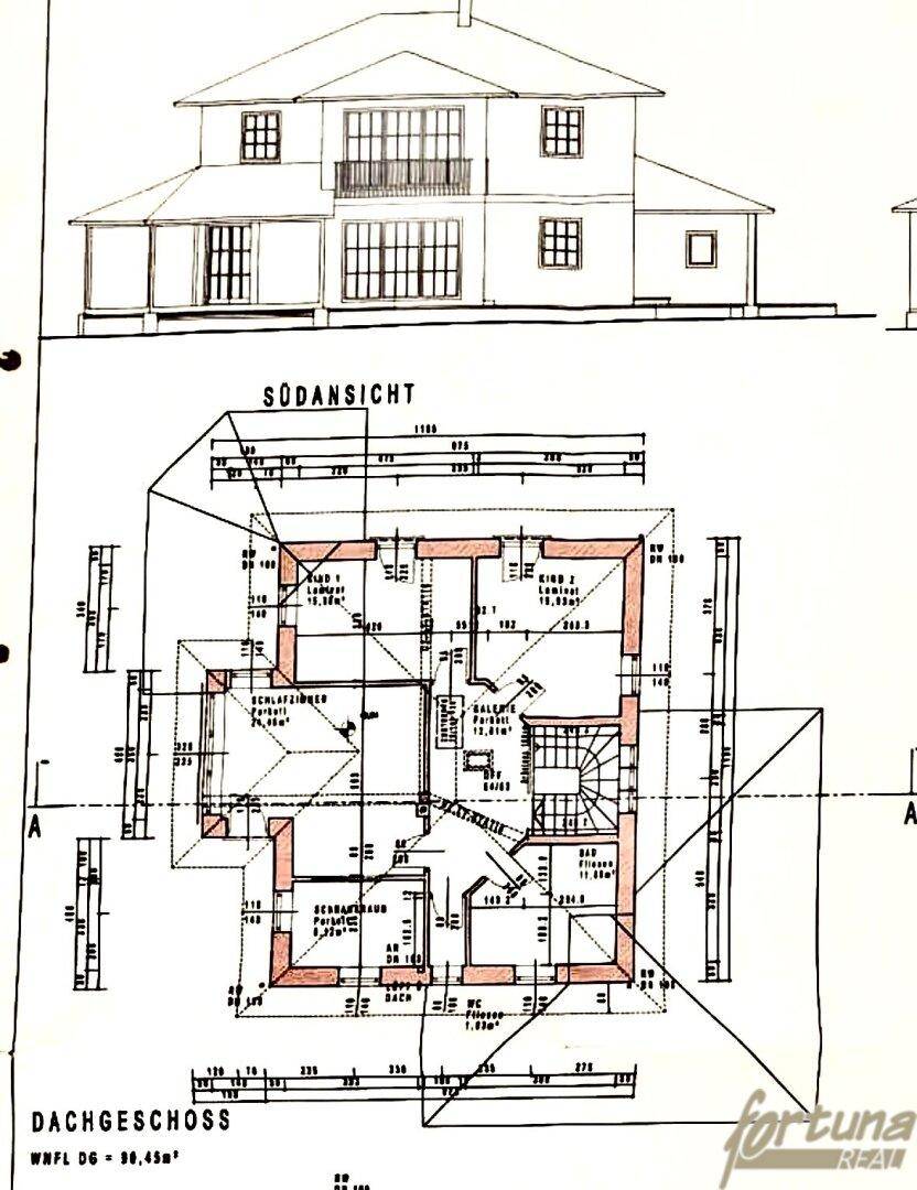 Grundriss des Dachgeschosses mit Schlafzimmern, Bad und Balkon, inklusive Südansicht des Hauses.