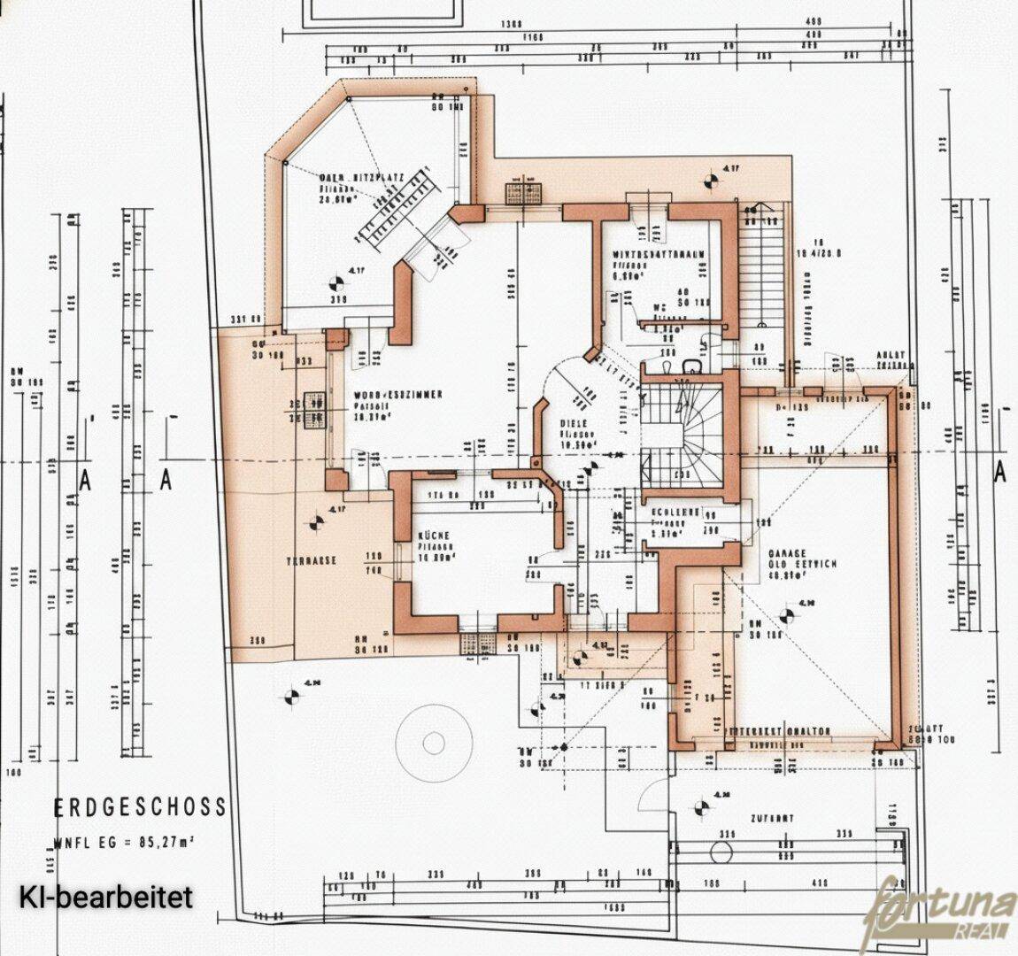Grundriss des Erdgeschosses mit offener Küche, Wohn-Essbereich, Terrasse und Wintergarten.