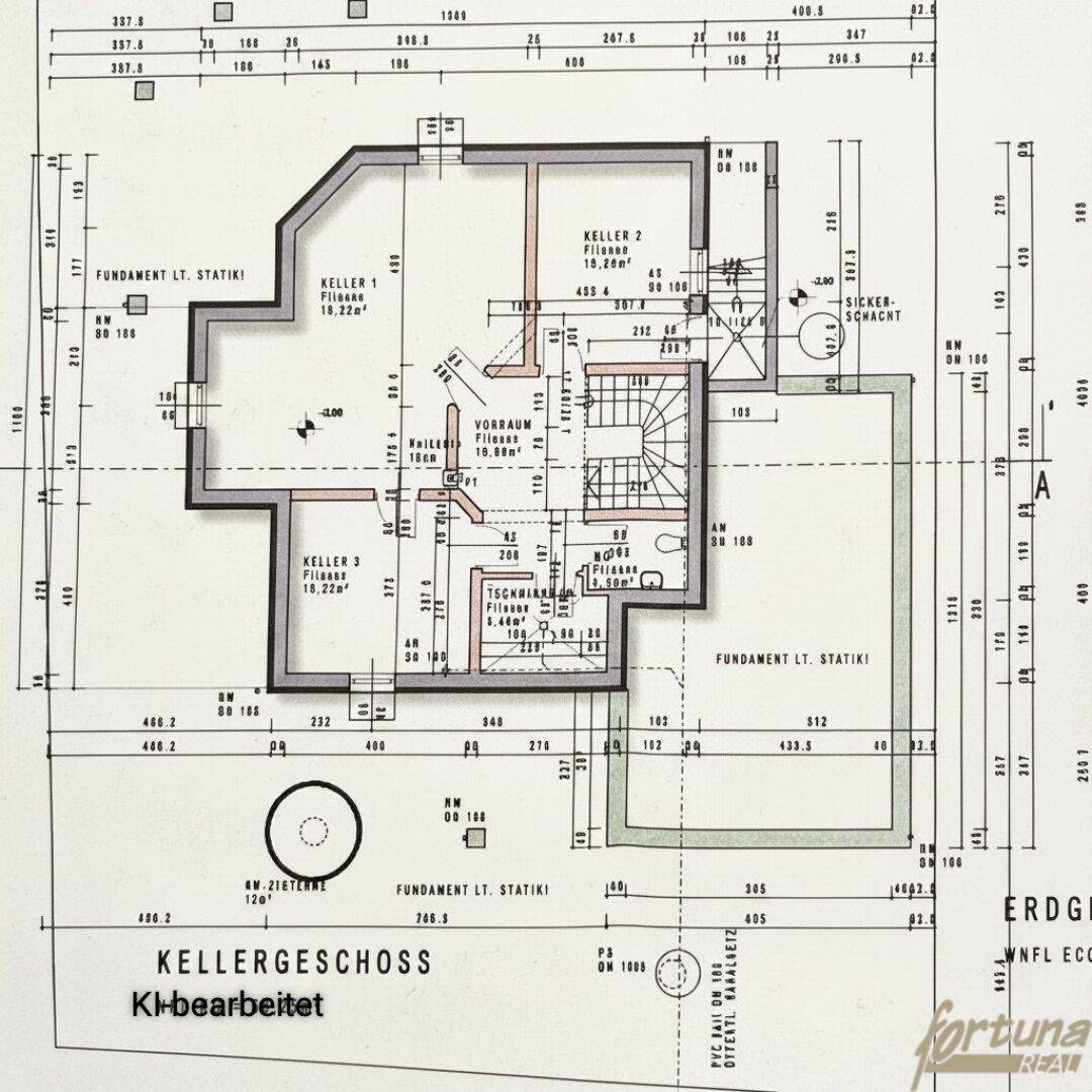 Grundriss des Kellergeschosses mit mehreren Kellerräumen und einem Vorratsraum.