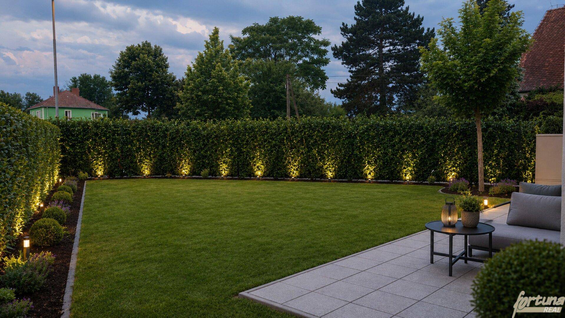 Gepflegter Garten mit Rasenfläche, Hecke und beleuchteter Terrasse für entspannte Abende.