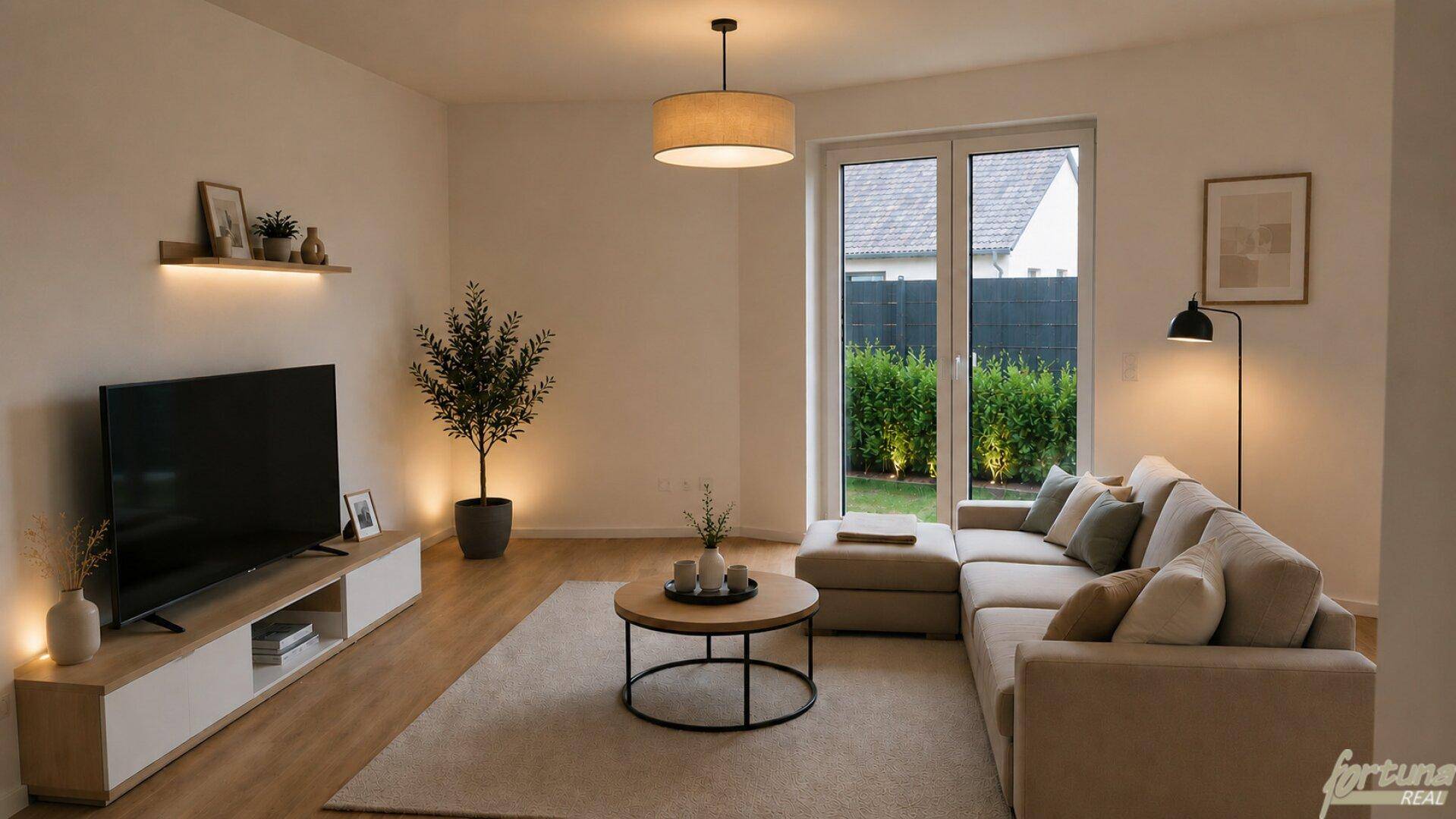 Helles Wohnzimmer mit beigem Sofa, Holzboden und direktem Zugang zur Terrasse und Garten.