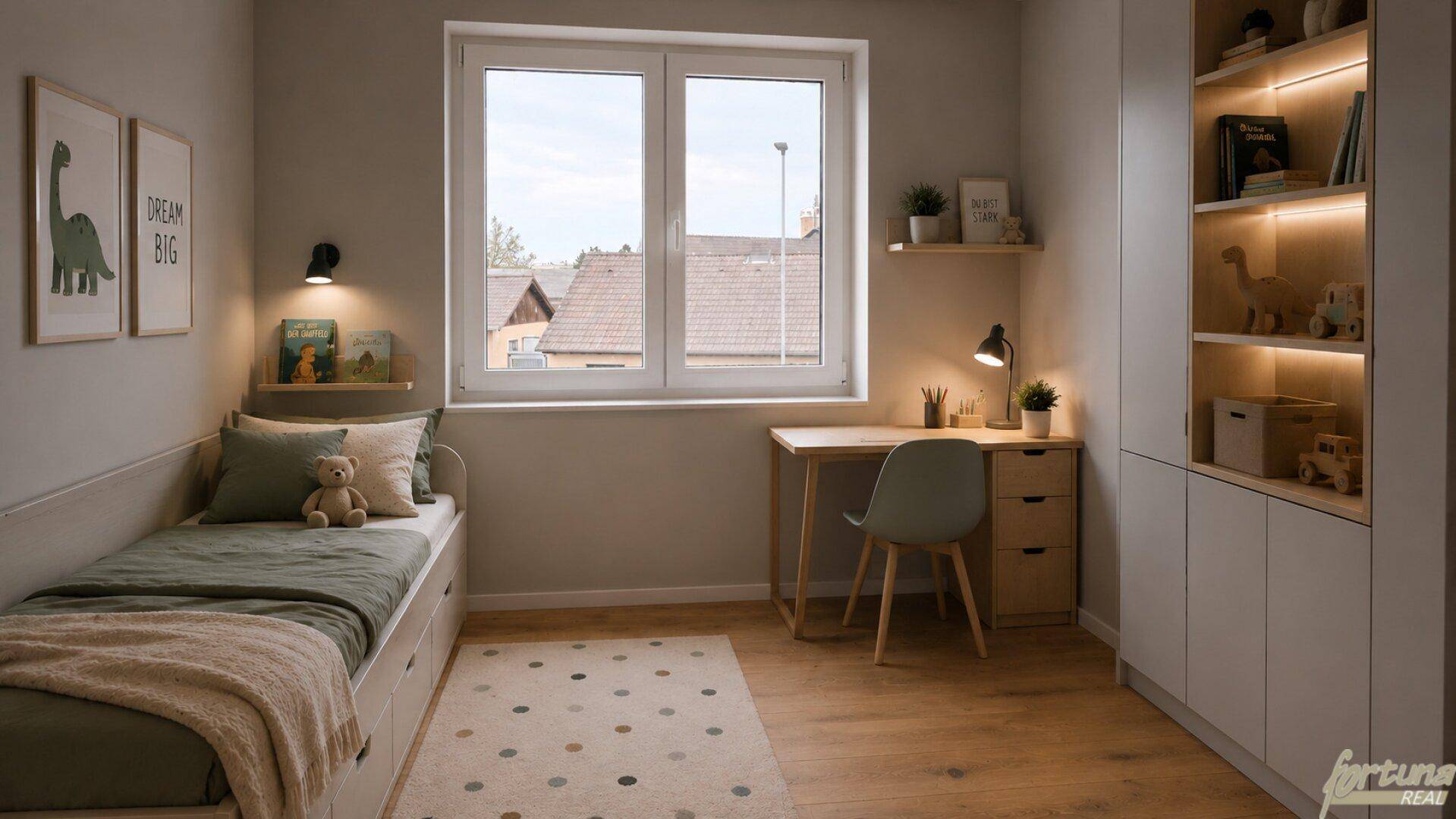 Gemütliches Kinderzimmer mit Holzboden, Schreibtisch und integrierten Regalen für Stauraum.