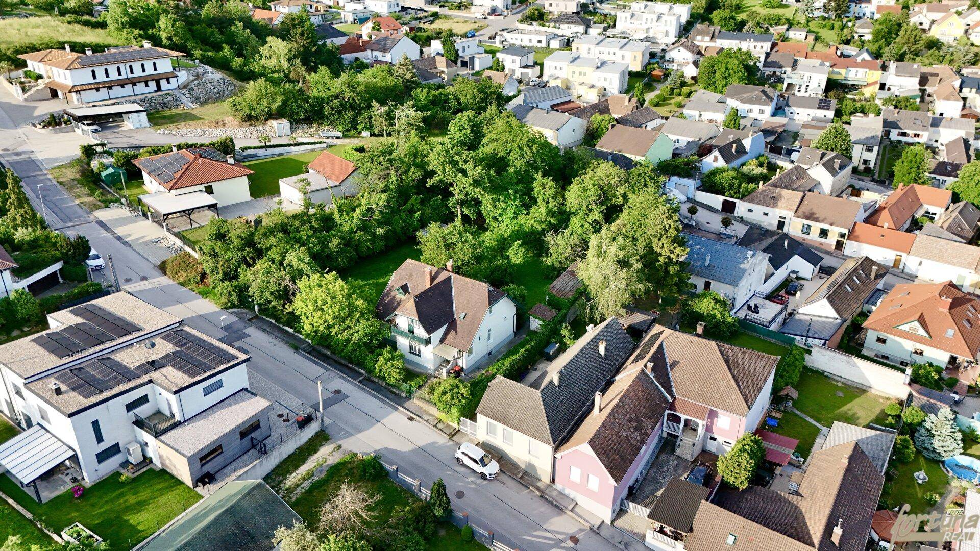 Panoramablick aus der Luft auf eine Wohngegend mit verschiedenen Häusern und viel Grün.