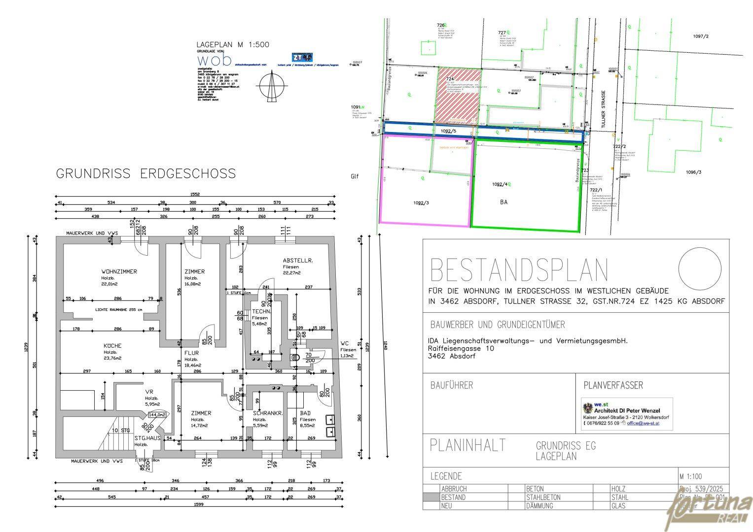 Übersicht des Erdgeschoss-Grundrisses und Lageplan des Grundstücks.