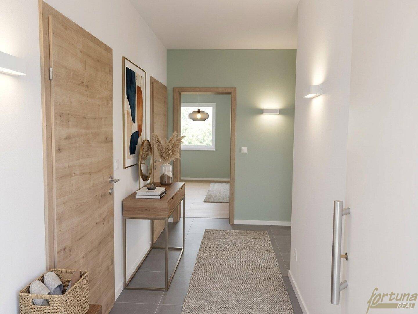 Heller Flur mit modernem Konsolentisch, hellem Teppich und Blick in ein weiteres Zimmer.