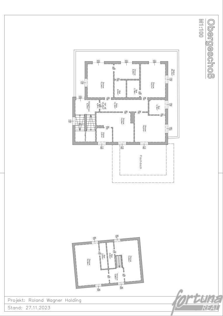 Grundriss des Obergeschosses mit mehreren Zimmern und einem Flachdachbereich.