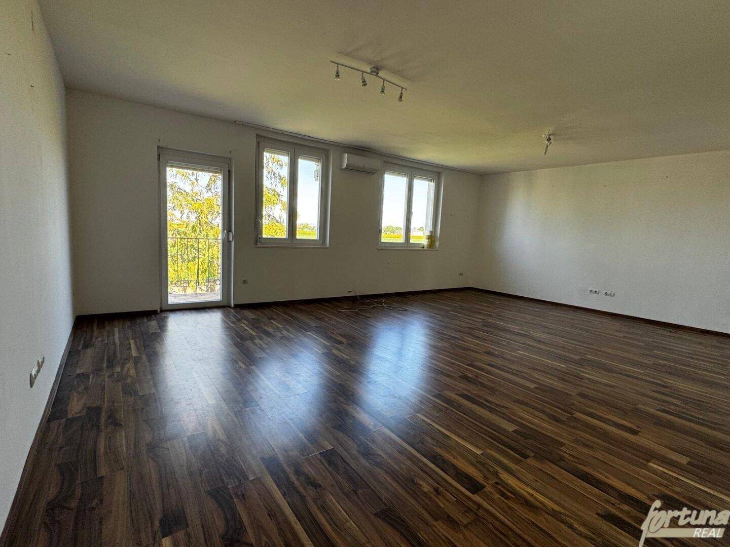 Geräumiges Wohnzimmer mit dunklem Laminatboden und Zugang zu einem Balkon.