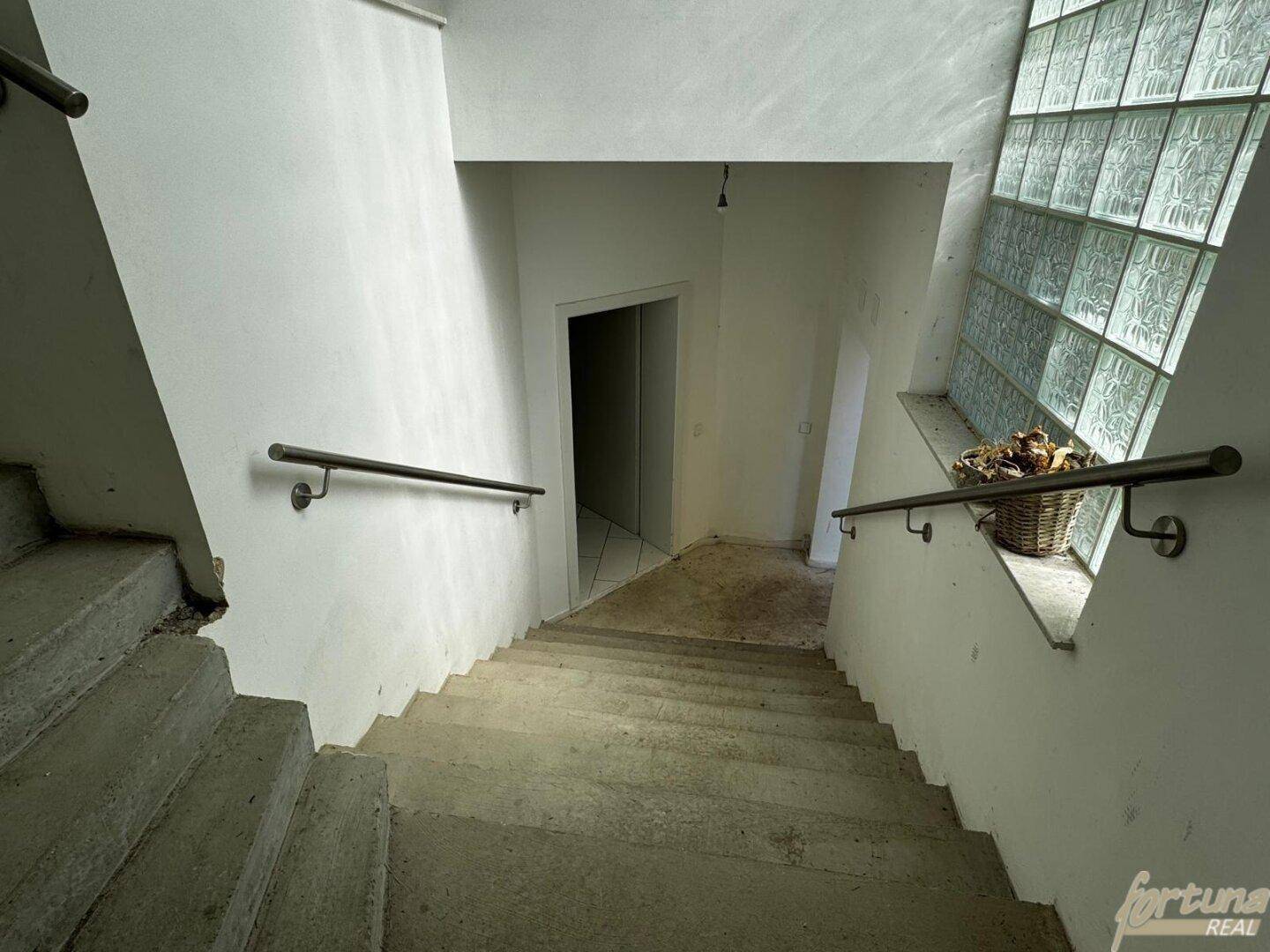 Treppenhaus mit Betonstufen und Handläufen, beleuchtet durch Glasbausteine.