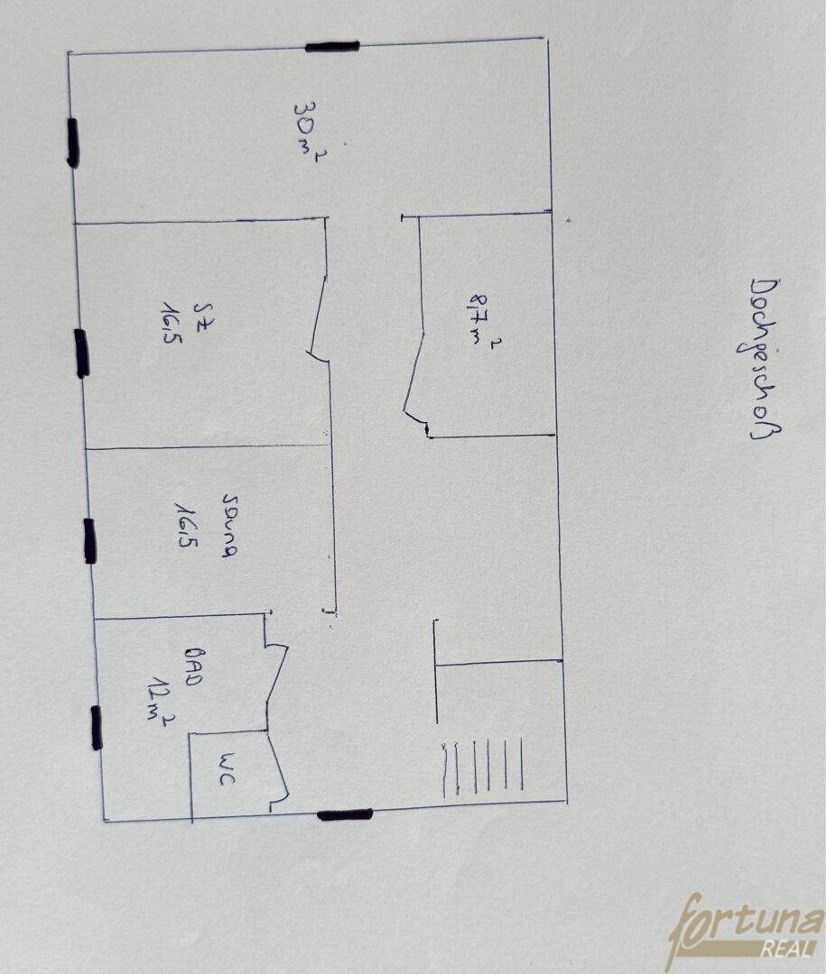 Handgezeichneter Grundriss des Dachgeschosses mit Schlafzimmern und Bad.