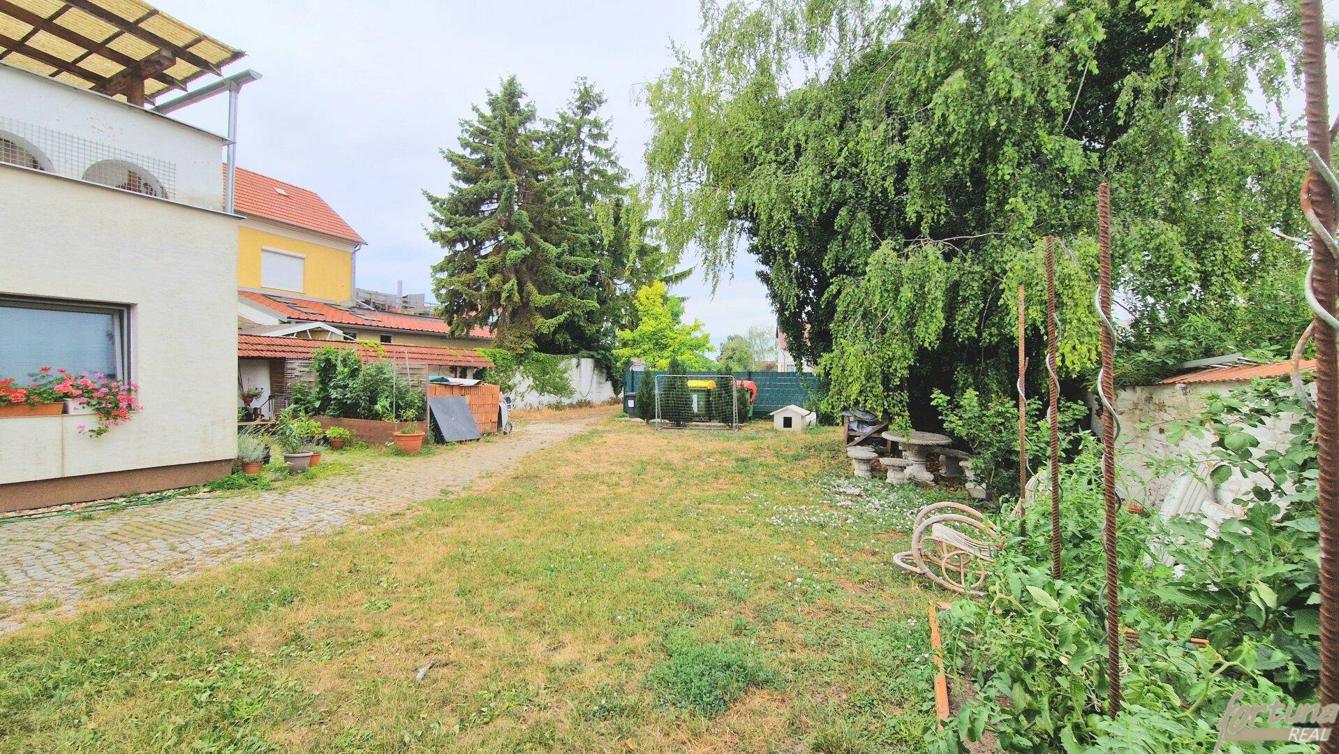 Weitläufiger Garten mit altem Baumbestand, Rasen und einem gepflasterten Weg zum hinteren Bereich.