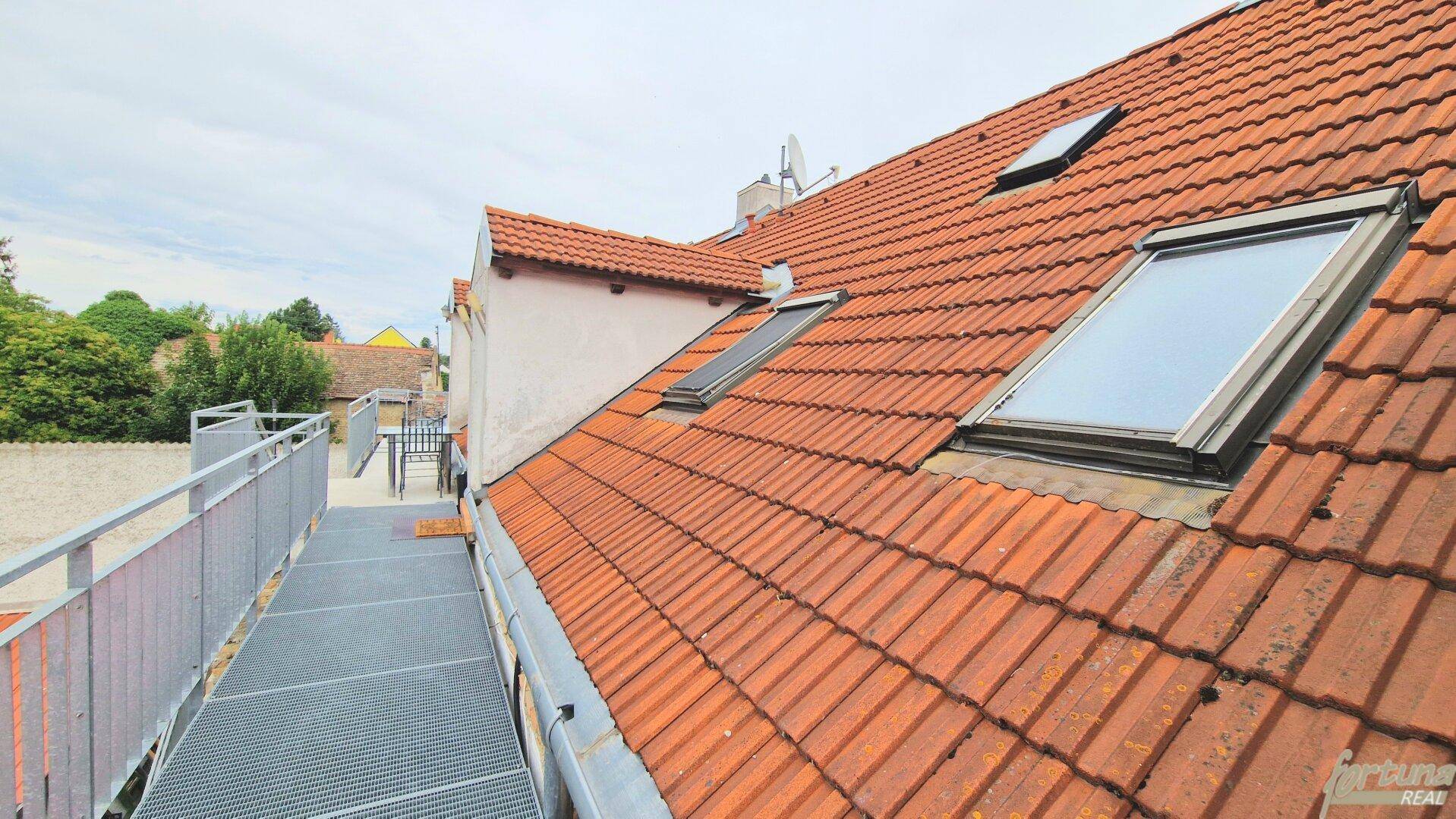 Rotes Ziegeldach mit Dachfenstern und einer begehbaren Metallterrasse mit Geländer.