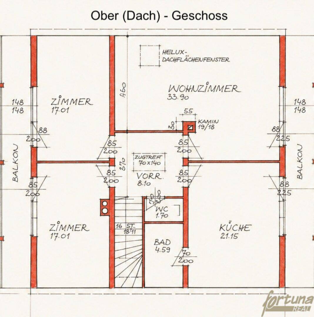 Grundriss des Obergeschosses mit Wohnzimmer, zwei Zimmern, Balkonen und Dachflächenfenstern.
