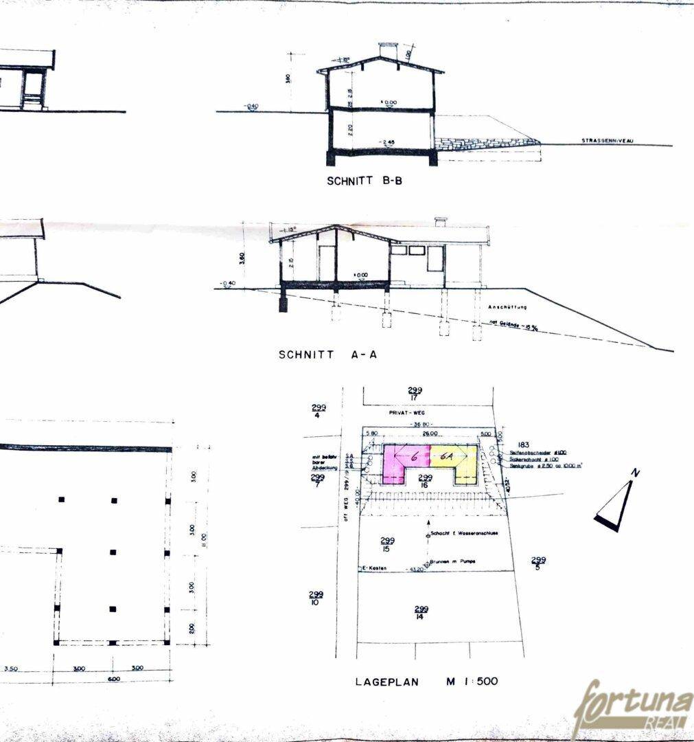 Architektonische Schnitte und Lageplan des Gebäudes im Maßstab 1:500.