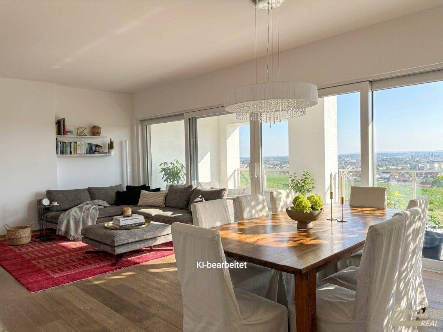 Lichtdurchfluteter Wohn- und Essbereich mit Holzboden und moderner Einrichtung, bietet einen schönen Ausblick.