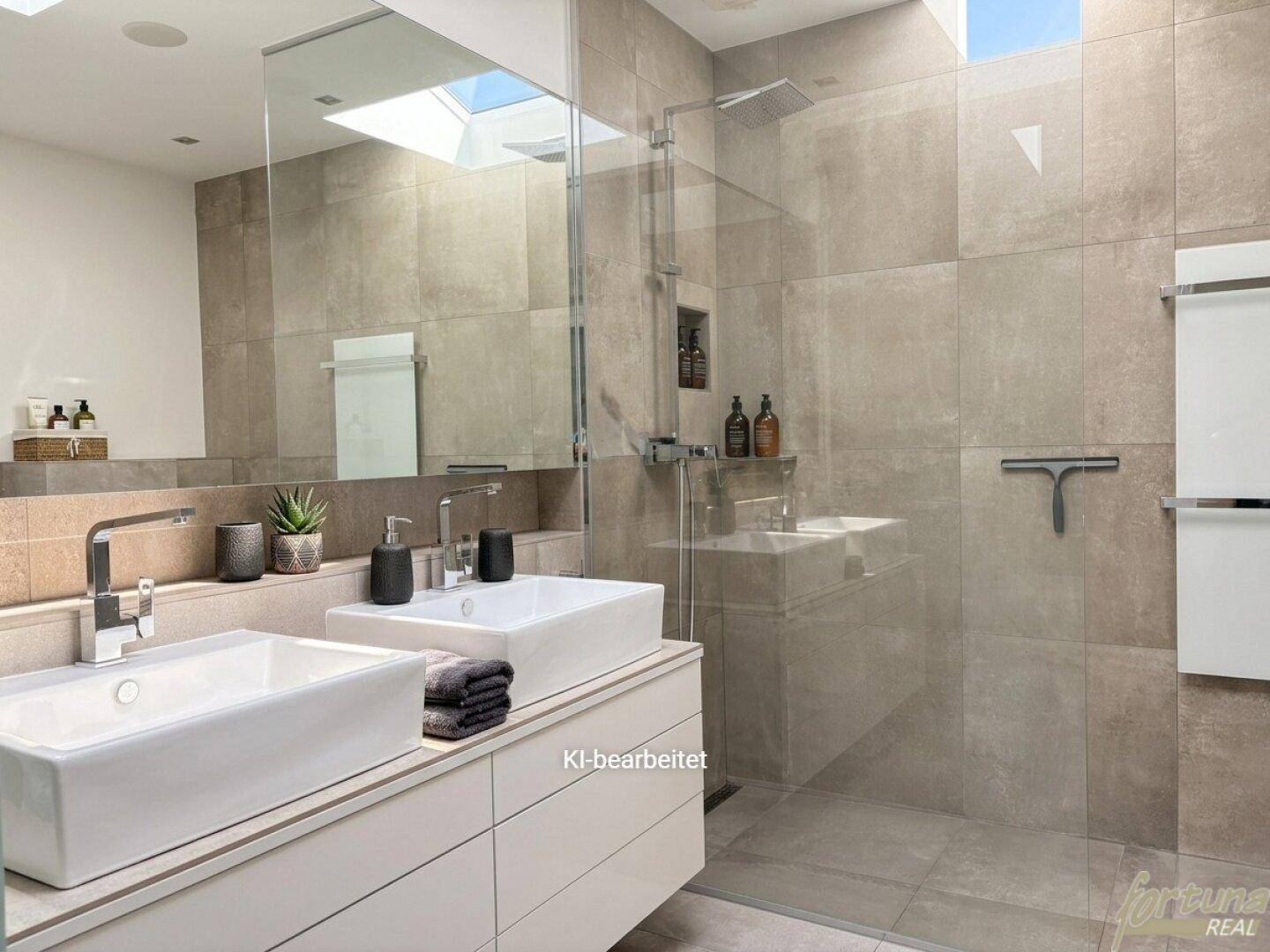 Elegantes Badezimmer mit Doppelwaschbecken, großer Spiegelfläche und begehbarer Dusche.