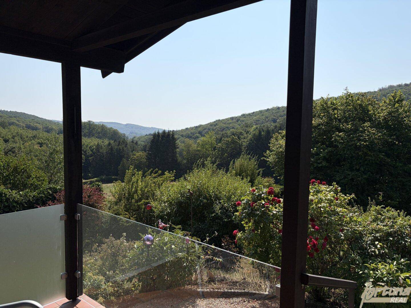 Blick von der überdachten Terrasse auf die weite, grüne Hügellandschaft.