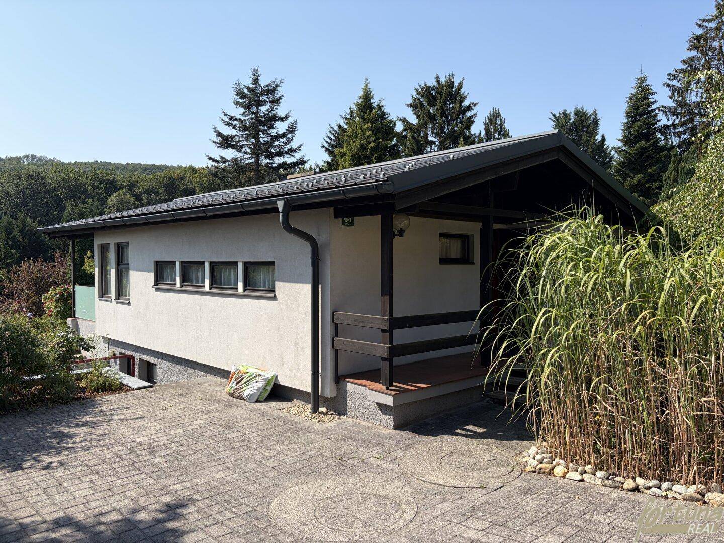 Seitenansicht des Hauses mit gepflasterter Zufahrt und üppiger Bepflanzung.