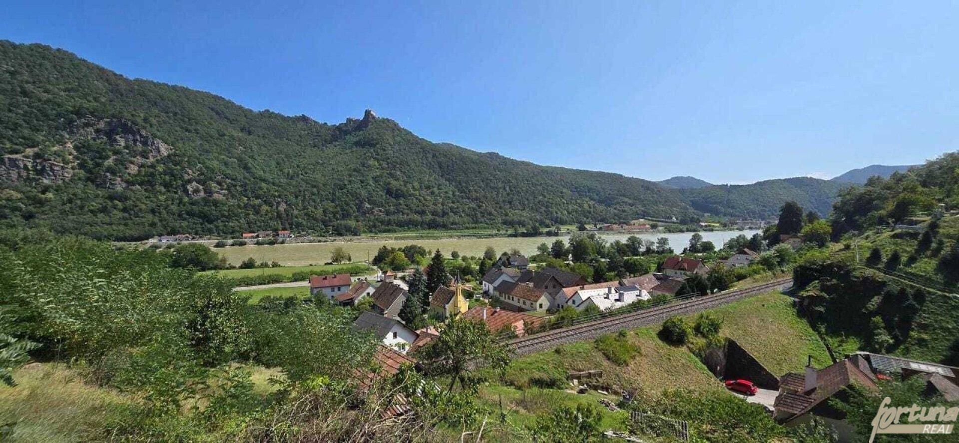 Panoramablick über das Donautal mit Fluss, bewaldeten Hügeln und einer malerischen Siedlung.