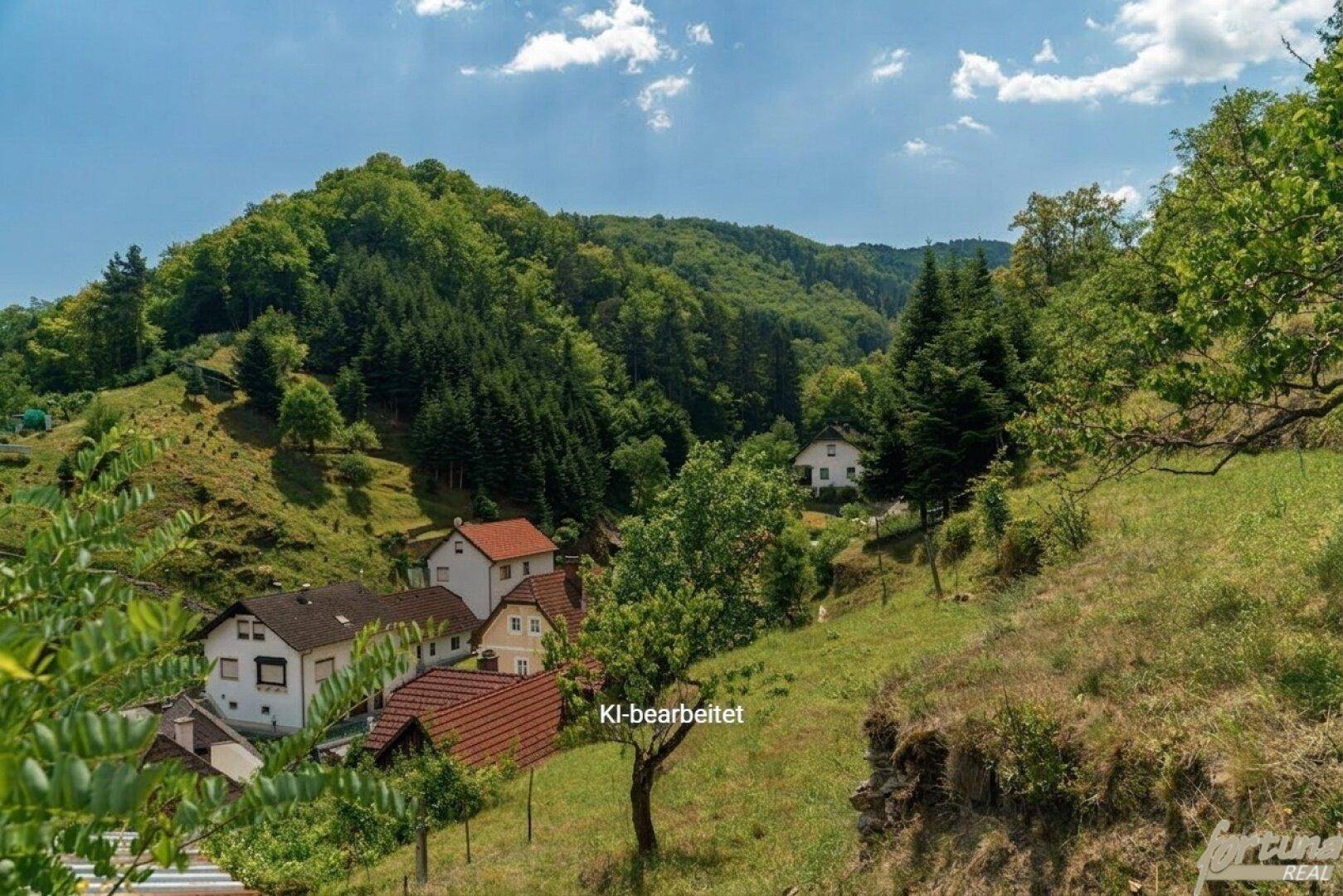 Weitläufiger Blick auf eine kleine Siedlung, eingebettet in eine üppig grüne Hügellandschaft.