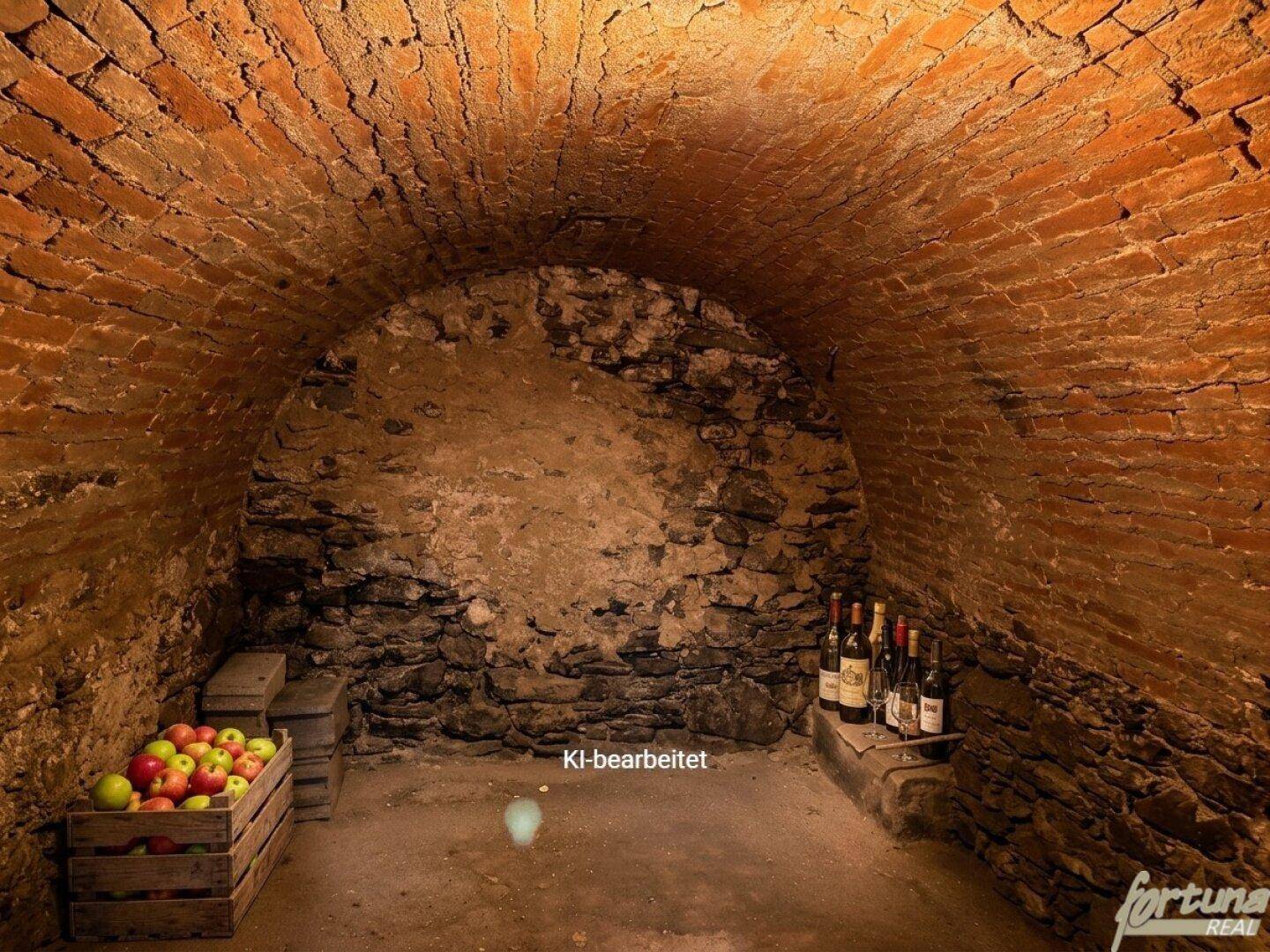 Gewölbter Ziegelkeller mit Steinwänden, ideal zur Lagerung von Äpfeln und Weinflaschen.