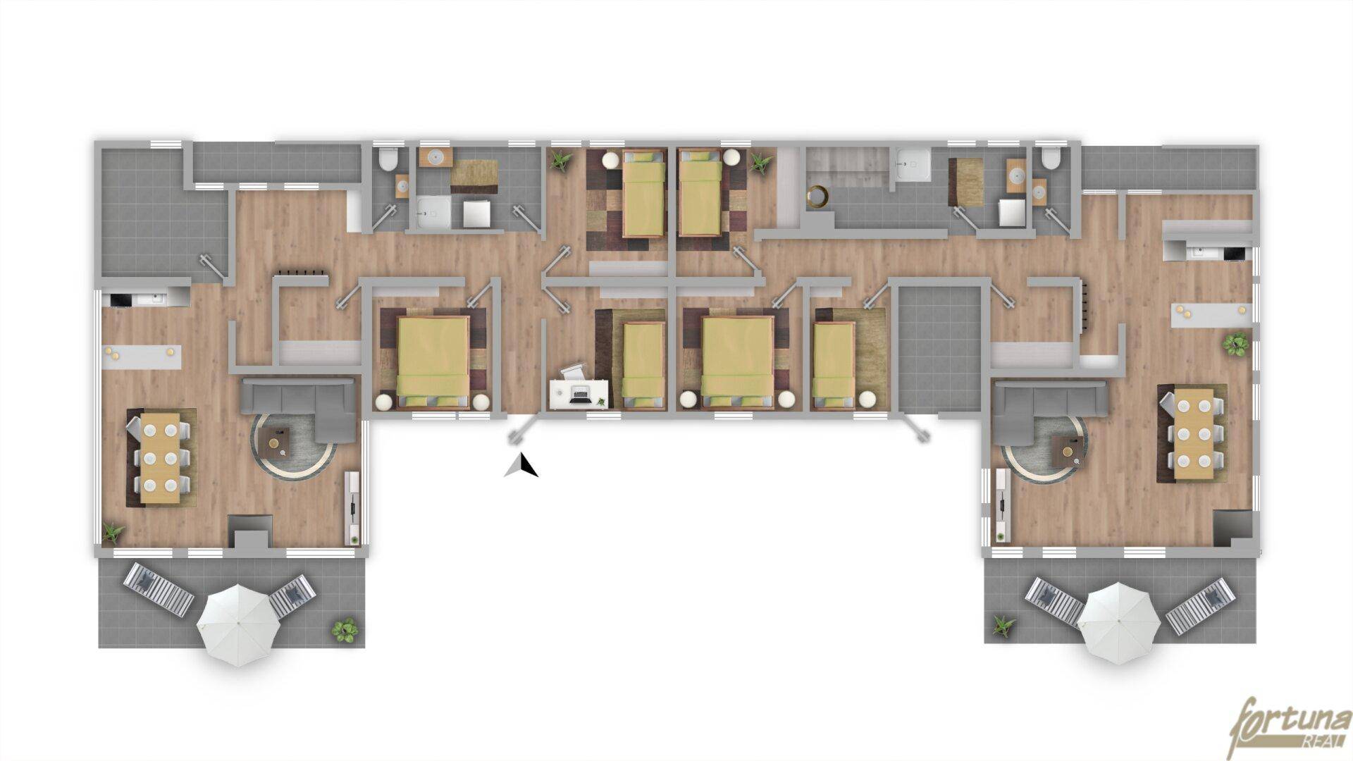 Detaillierter Grundriss einer großzügigen Wohneinheit mit mehreren Schlafzimmern, Bädern und zwei Terrassen.