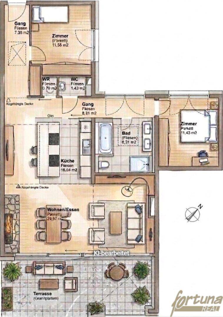 Detaillierter Grundriss einer Wohnung mit Wohn-Essbereich, zwei Schlafzimmern und Terrasse.