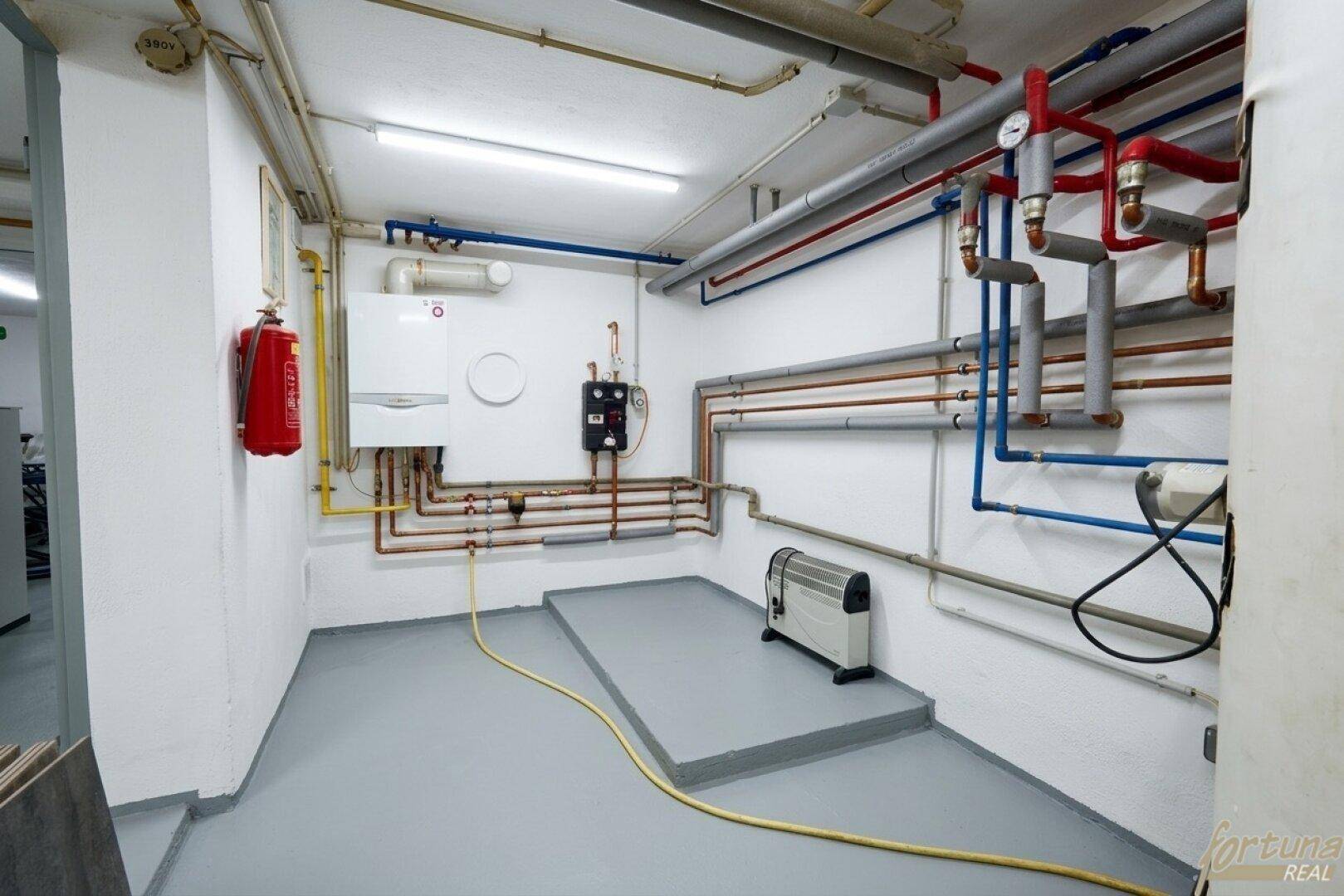 Technikraum im Keller mit Heizungsanlage und sichtbaren Rohrleitungen.