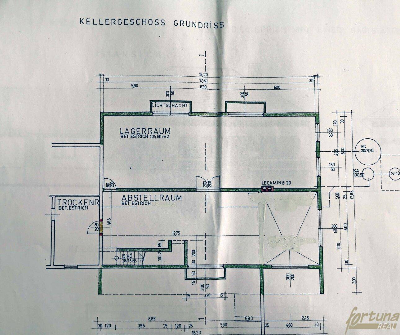 Grundriss des Kellergeschosses mit Lagerräumen und Trockenraum.