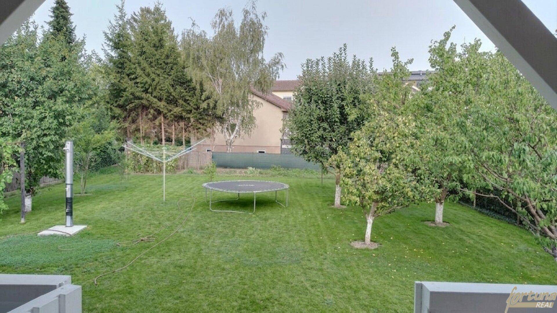Weitläufiger Garten mit Rasenfläche, Trampolin und Wäscheleine, umgeben von hohen Bäumen.