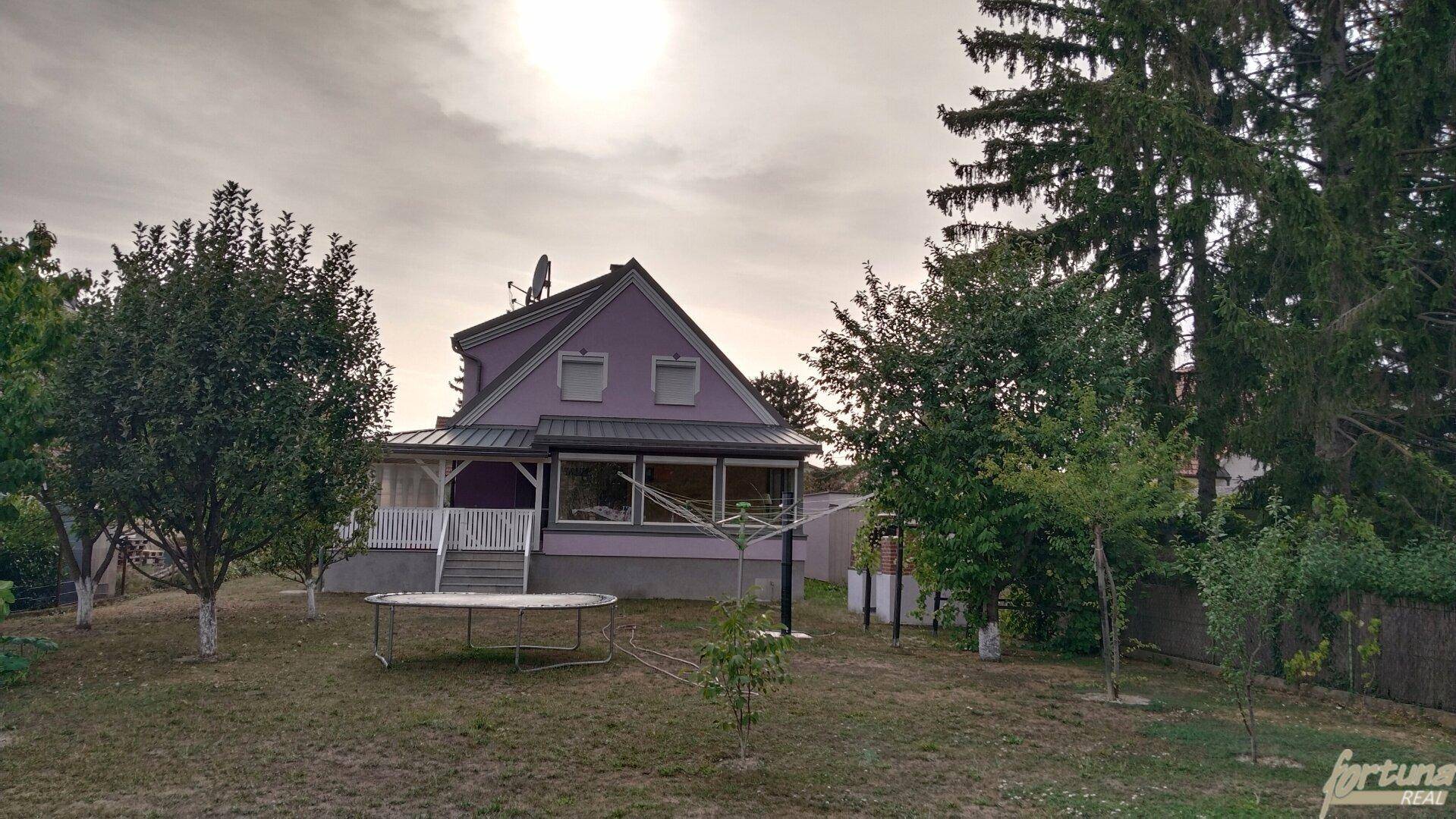 Hausansicht von hinten mit violetter Fassade, Wintergarten und Gartenbereich unter bewölktem Himmel.