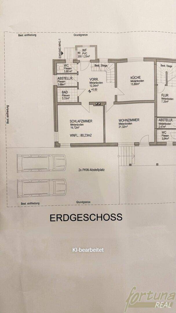 Grundriss des Erdgeschosses mit Wohnzimmer, Küche, Schlafzimmer und Abstellraum.