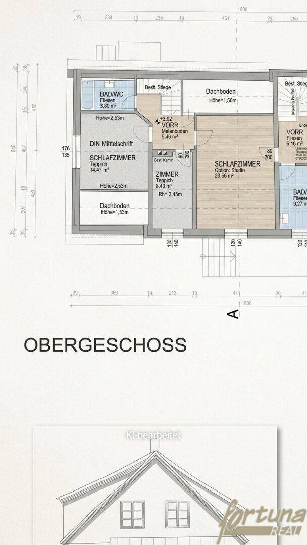 Grundriss des Obergeschosses mit Schlafzimmern, Bad und Dachbodenflächen.