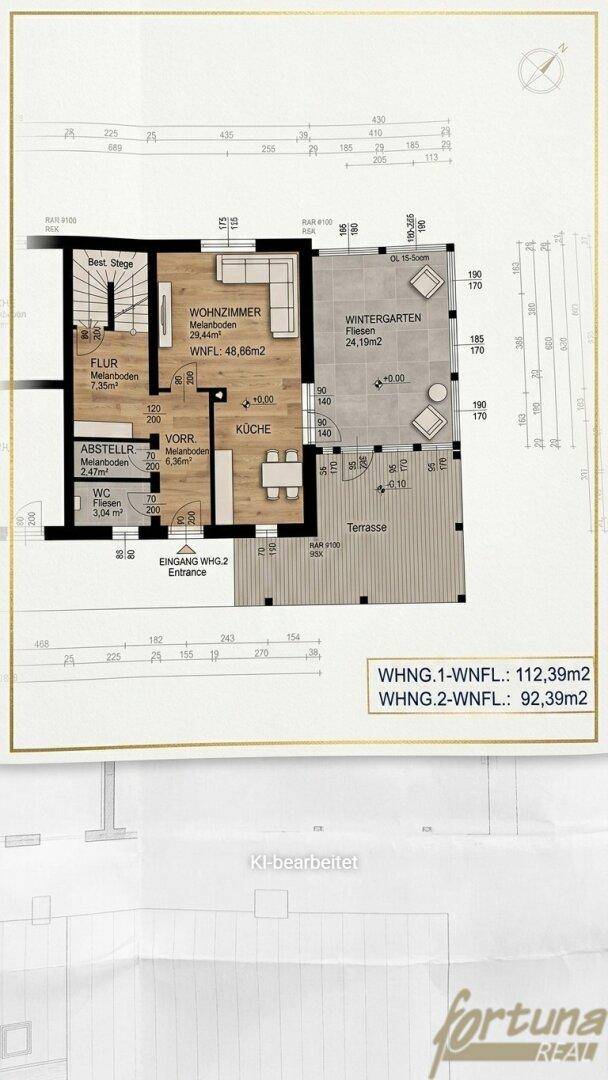 Grundriss mit Wohnzimmer, Küche, Wintergarten und großer Terrasse.
