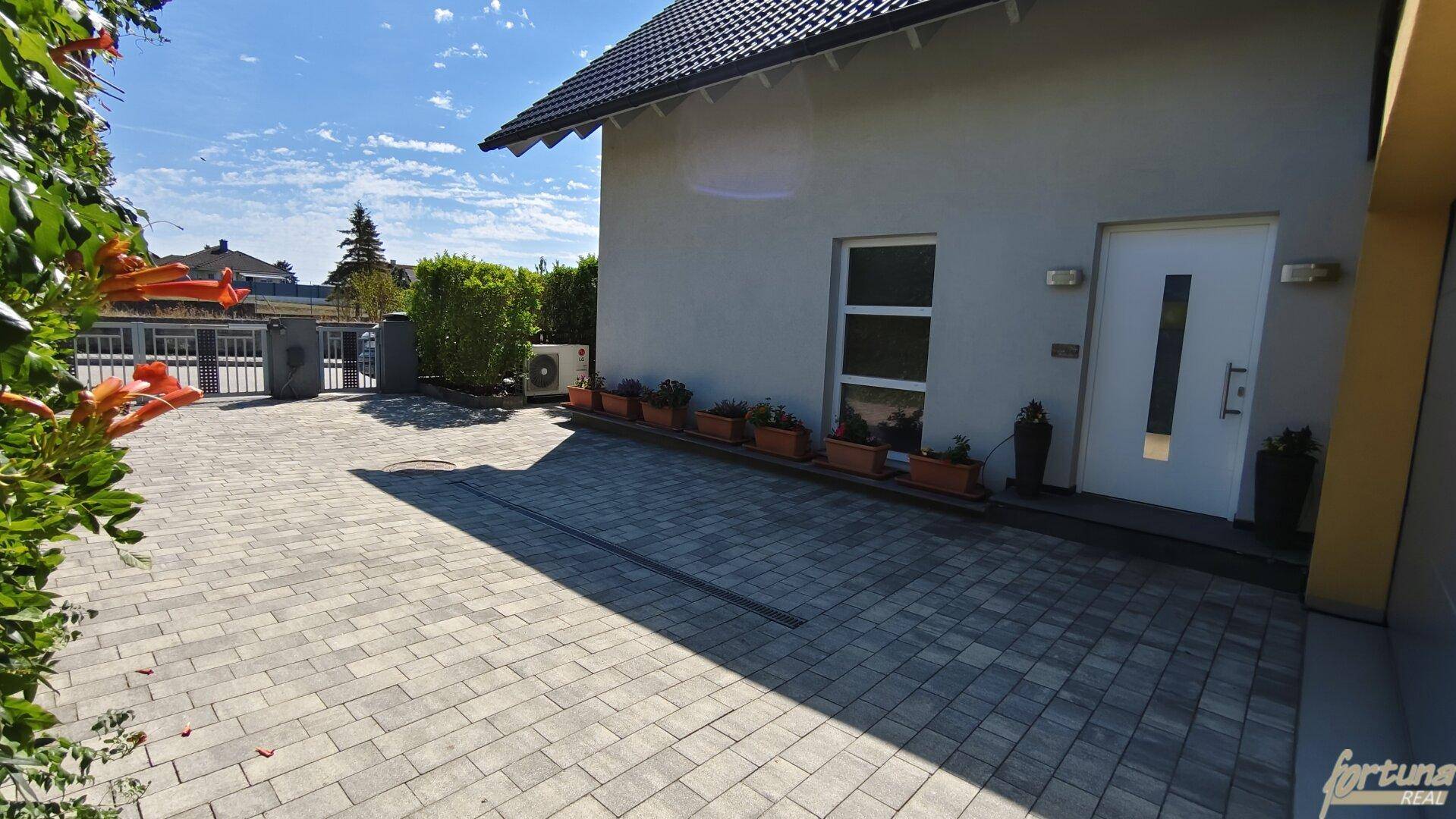Eingangsbereich des Hauses mit gepflasterter Auffahrt und moderner Haustür.