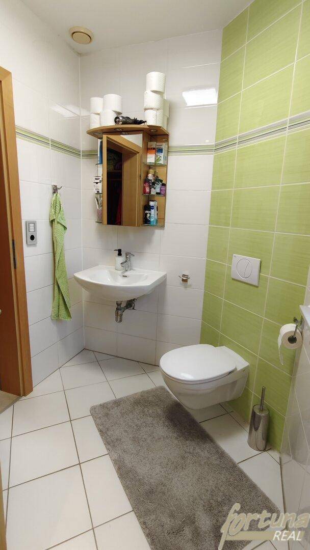 Gäste-WC mit grünen und weißen Fliesen, wandhängendem WC und kleinem Waschbecken.