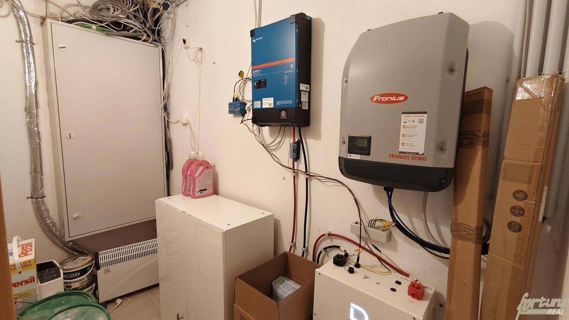 Technikraum mit elektrischen Installationen und Wechselrichtern für die Solaranlage.