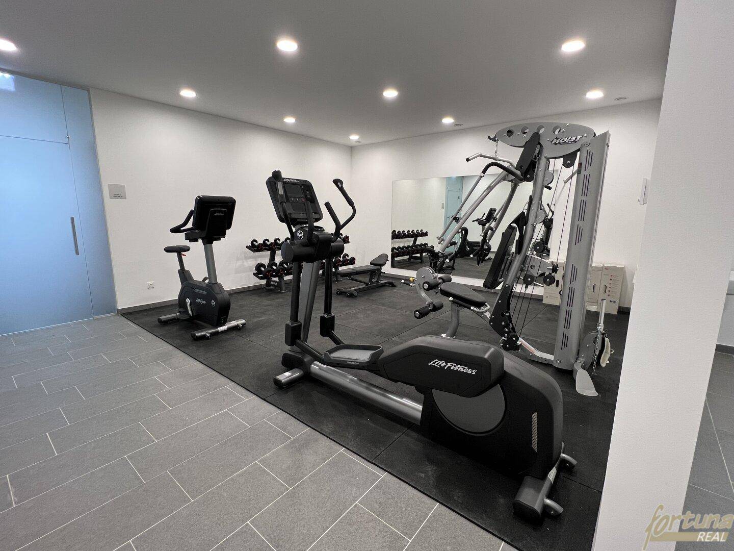 Gut ausgestatteter Fitnessraum mit verschiedenen Trainingsgeräten und Spiegelfläche.