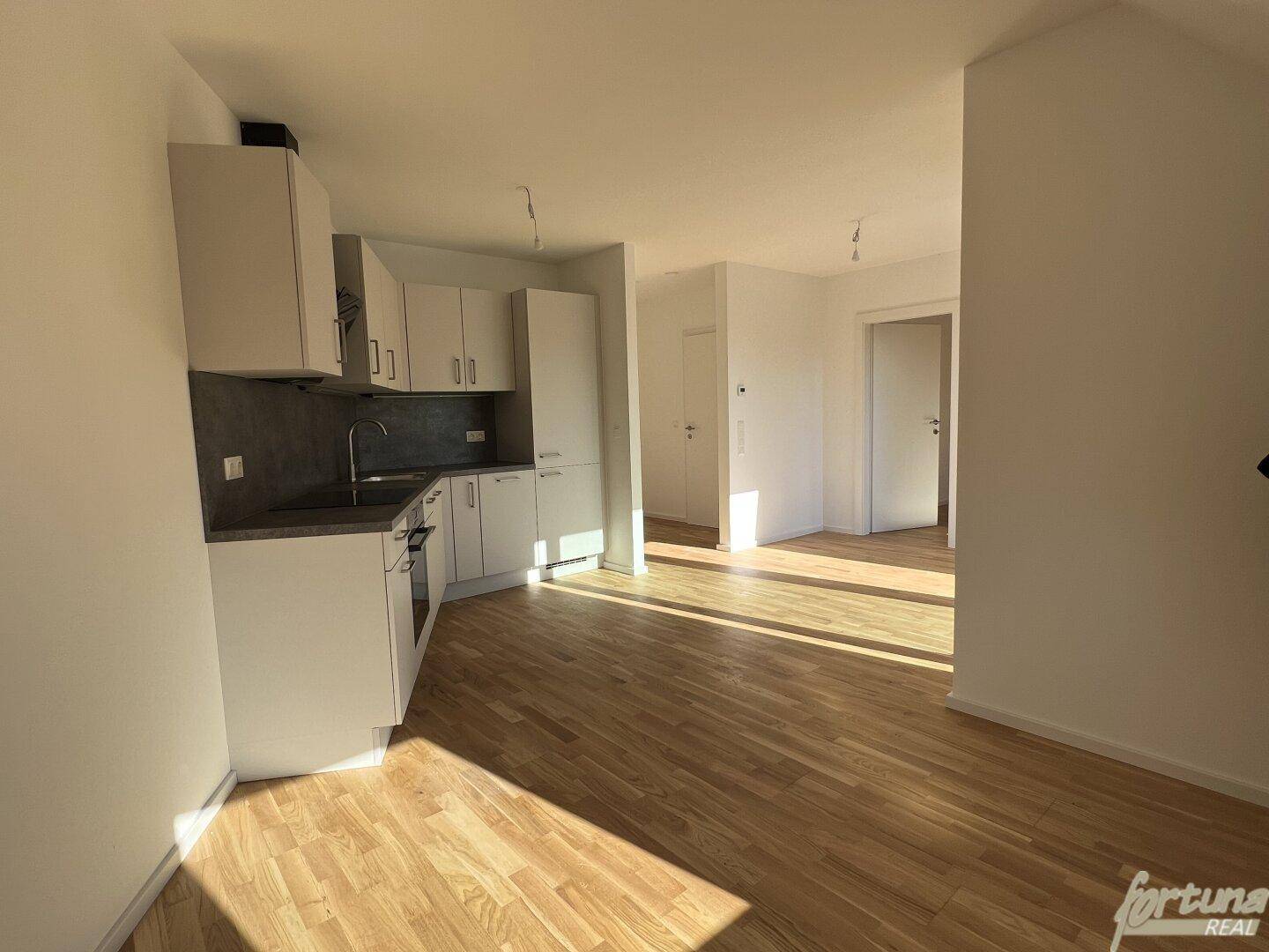 Heller offener Wohnbereich mit integrierter Küche und viel Tageslicht durch große Fenster.