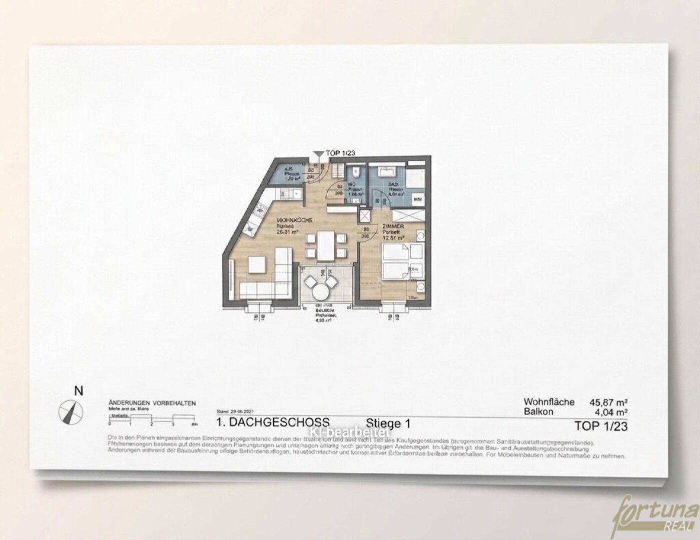 Grundriss des Dachgeschosses mit Wohnbereich, Schlafzimmern und Balkon.