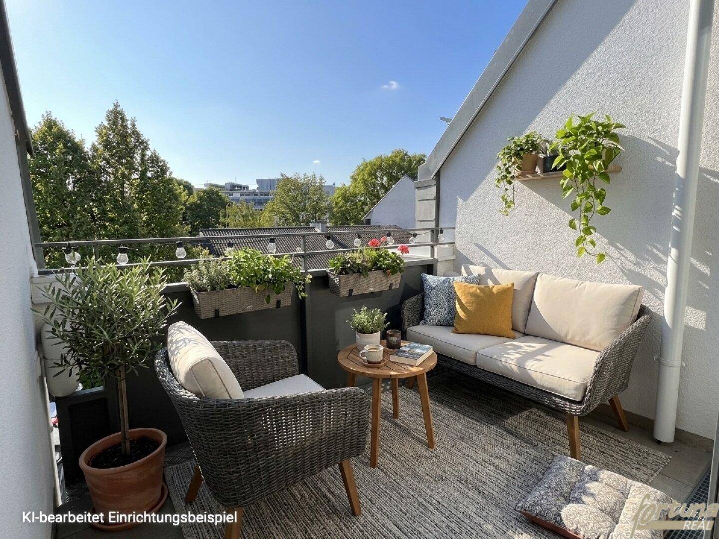 Gemütlicher Balkon mit Sitzgelegenheiten, Pflanzen und Blick ins Grüne.