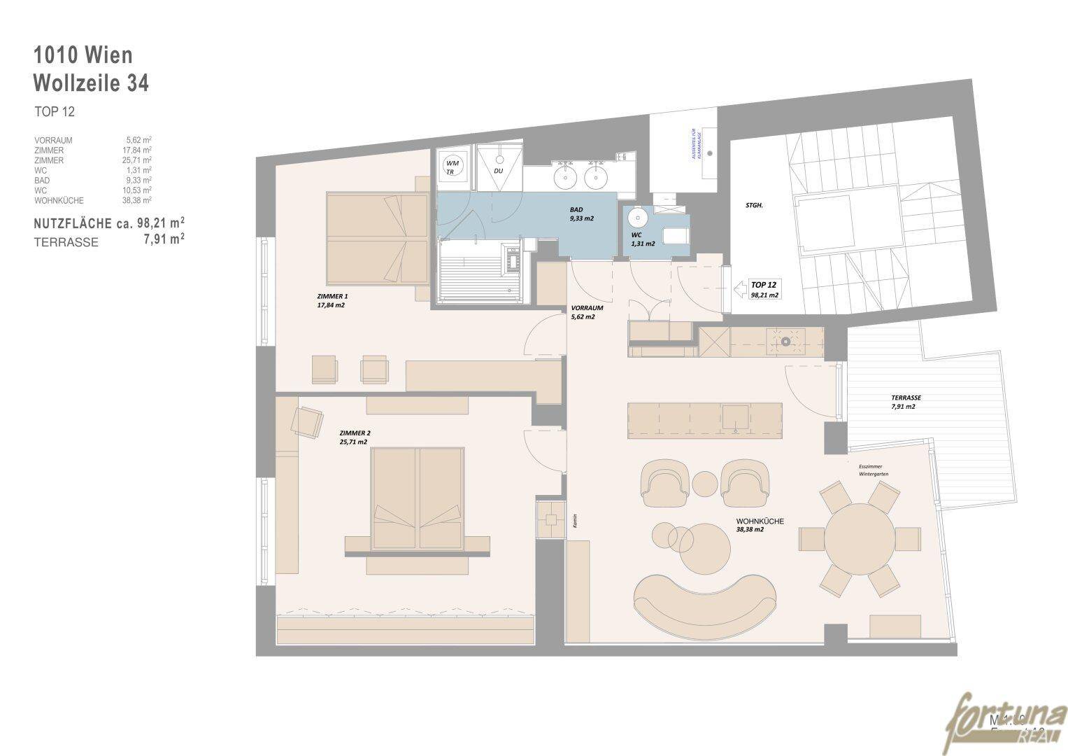 Grundriss der Wohnung Top 12 mit zwei Schlafzimmern, offenem Wohnbereich und Terrasse.