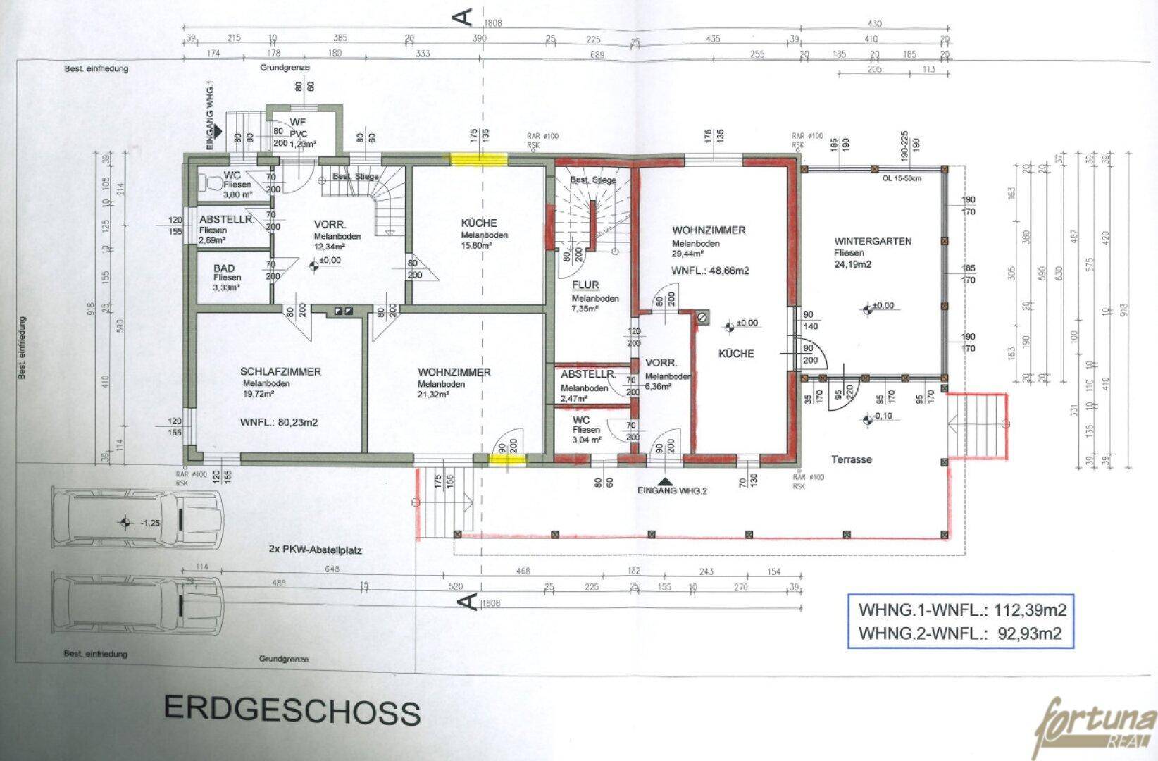 Grundriss des Erdgeschosses mit Wohnzimmer, Küche, Schlafzimmer, Wintergarten und Terrasse.