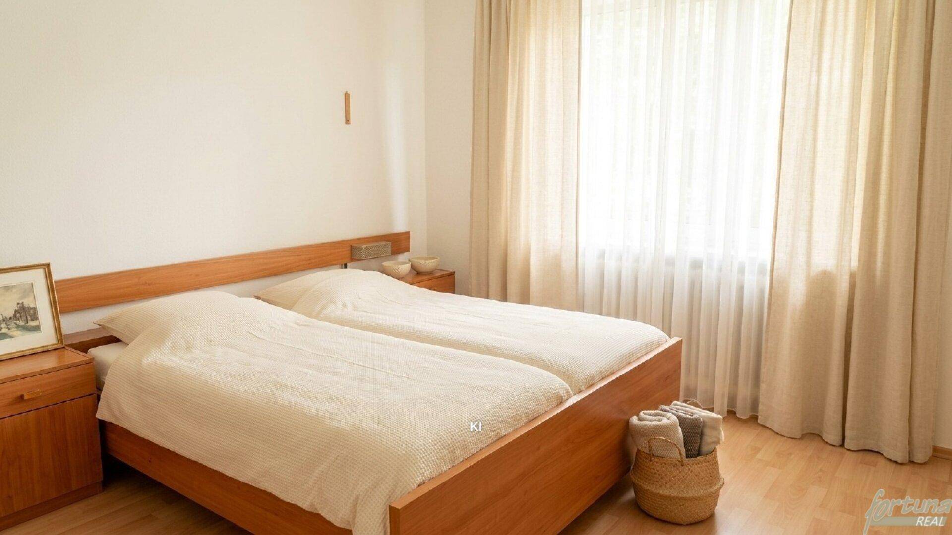 Gemütliches Schlafzimmer mit Holzdoppelbett, Nachttischen und hellem Fenster mit Vorhängen.
