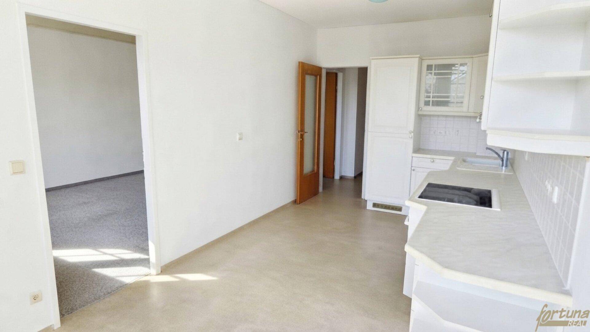 Küchenbereich mit Arbeitsplatte und Spüle, offen zu einem angrenzenden, teppichbelegten Raum.