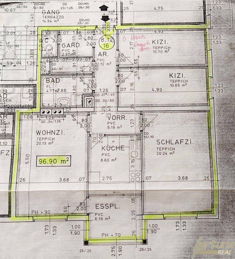 Detaillierter Grundriss der Wohnung mit klarer Raumaufteilung und Flächenangaben.